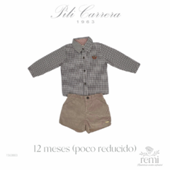 Conjunto 3 piezas suéter perrito, camisa cuadros cafés y short pana café 12 meses (poco reducido) Pili Carrera - comprar en línea