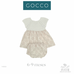 Vestido combinado beige con tejido blanco incluye cubre pañal 6-9 meses Gocco