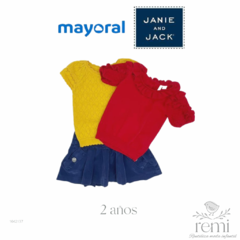 Conjunto 3 piezas falda de pana azul, blusa roja y blusa amarilla 2 años Mayoral y Janie and Jack