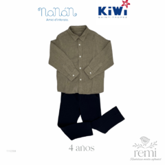 Conjunto pantalón azul pique y camisa de lino café 4 años Nanán y Kiwi St Tropez