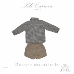 Conjunto 3 piezas suéter perrito, camisa cuadros cafés y short pana café 12 meses (poco reducido) Pili Carrera en internet