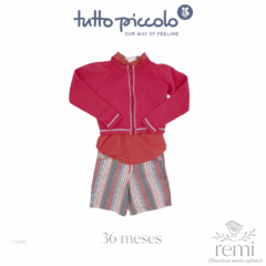 Conjunto 3 piezas suéter y camisa de manta color coral con short de líneas 36 meses Tutto Piccolo