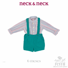 Conjunto 2 piezas camisa líneas colores y peto color acqua 6 meses Neck & Neck