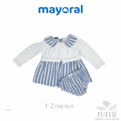 Vestido líneas azules y blancas con cubre pañal y torera blanca 1-2 meses Mayoral + Losan Chic