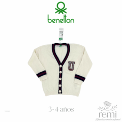 Suéter blanco cuello en V con azul marino y rojo 3-4 años Benetton