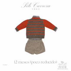 Conjunto 3 piezas suéter perrito, camisa cuadros cafés y short pana café 12 meses (poco reducido) Pili Carrera - REMI