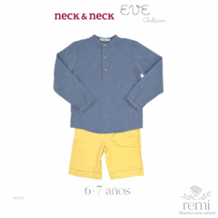 Conjunto short amarillo y camisa manga larga azul tipo mezclilla cuello mao 6-7 años Eve Children y Neck&Neck