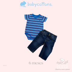 Conjunto jeans y body líneas azules, blancas y naranjas 6 meses Baby Cottons