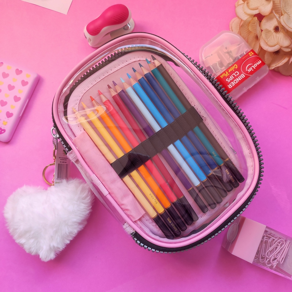 ESTOJO 100 PENS BOX JUMBO COM DIVISÓRIA POMPOM SORTIDO - ROSA BEBE FIZZ