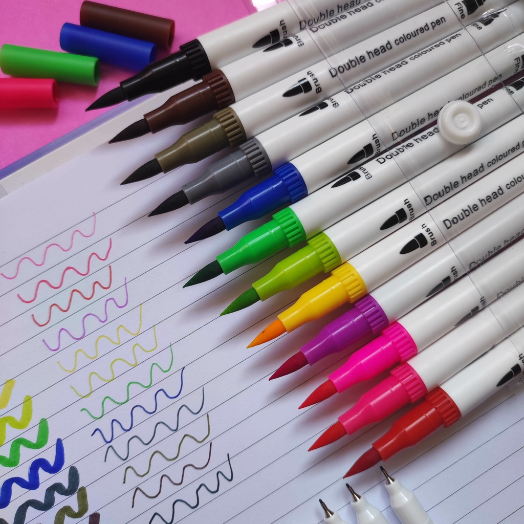 Kit Canetas Duas Pontas Brush Pen e Fineliner LETTERING 12 cores