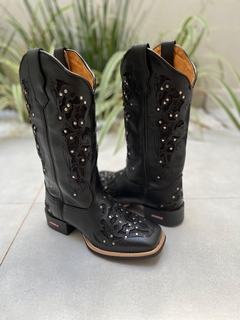 BOTA TEXANA LASER GLITTER PRETO COM STRASS COURO PRETO