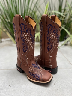 BOTA TEXANA TRIBAL AZUL COURO MARROM COM TRICÊ