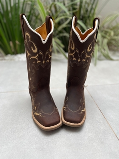 BOTA TEXANA BORDADO BEGE COURO MARROM - comprar online