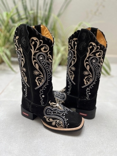 BOTA TEXANA TRIBAL BEGE COURO NOBUCK PRETO COM TRICÊ E ZÍPER