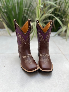 BOTA TEXANA TRIBAL ROXO FLORÃO BEGE COURO MARROM - comprar online