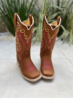 BOTA TEXANA TRIBAL BEGE E ROSA FLORÃO ROSA COURO MARROM CLARO - comprar online