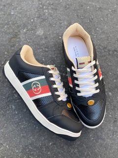 tenis gucci baixo preto couro Faith Store Outlet