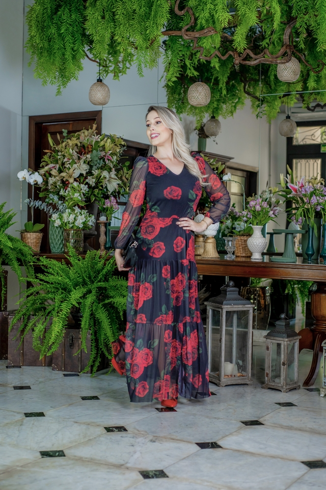 Vestido Renata Floral vermelho - (tule) - BELLA AMORA