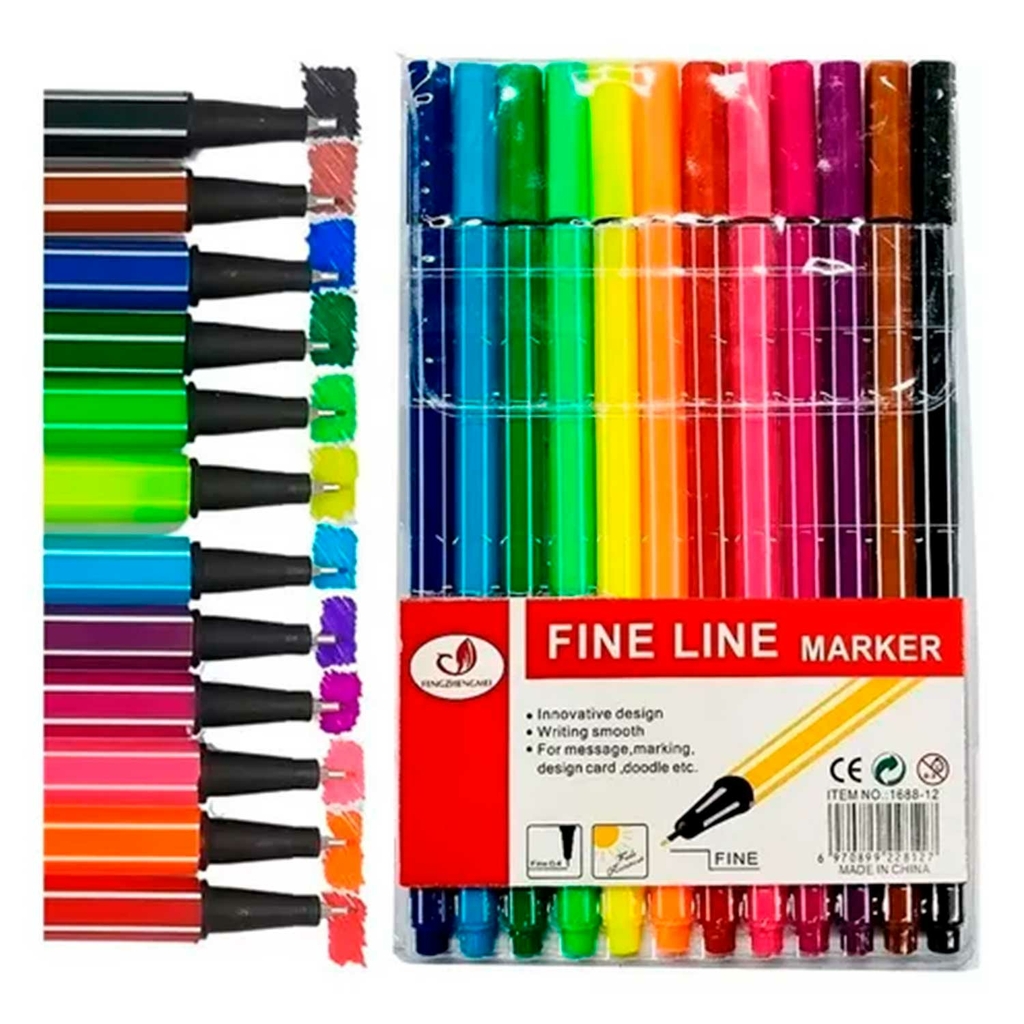 Kit 12 Canetas Coloridas Fine Line Marker - Ponta Fina