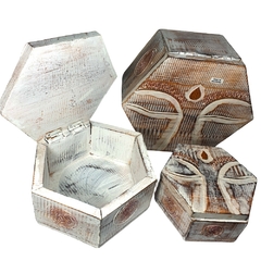 Caja Ojos Buda Hexagonal Madera 14x12x6cm