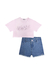 Conjunto Infantil Blusa Boxy Over em M.Malha Beautiful e Short Jeans c/Aplique Strass Barbie - Infanti