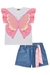 Conjunto Infantil Blusa em Malha Power Borboleta c/aplique Lantejoulas e Shorts Jeans Lenço - Kukiê