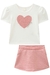 Conjunto Infantil Blusa Cotton Coração/Pérola e Shorts Saia Malha Bolinha - Infanti