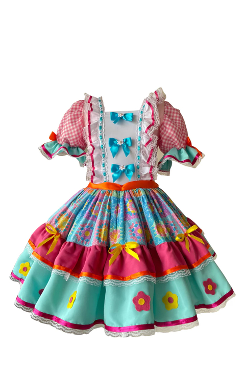 Vestido Festa Junina Infantil Luxo Estampado Crochê - Fanfarrinha