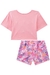 Conjunto Infantil Blusa Boxy M. Malha Aplique de Pompom e Short em Nylon Floral - Kukie - comprar online