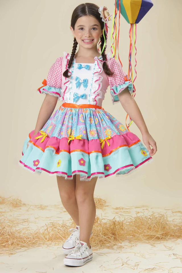 Vestido Festa Junina Infantil Luxo Estampado Crochê - Fanfarrinha