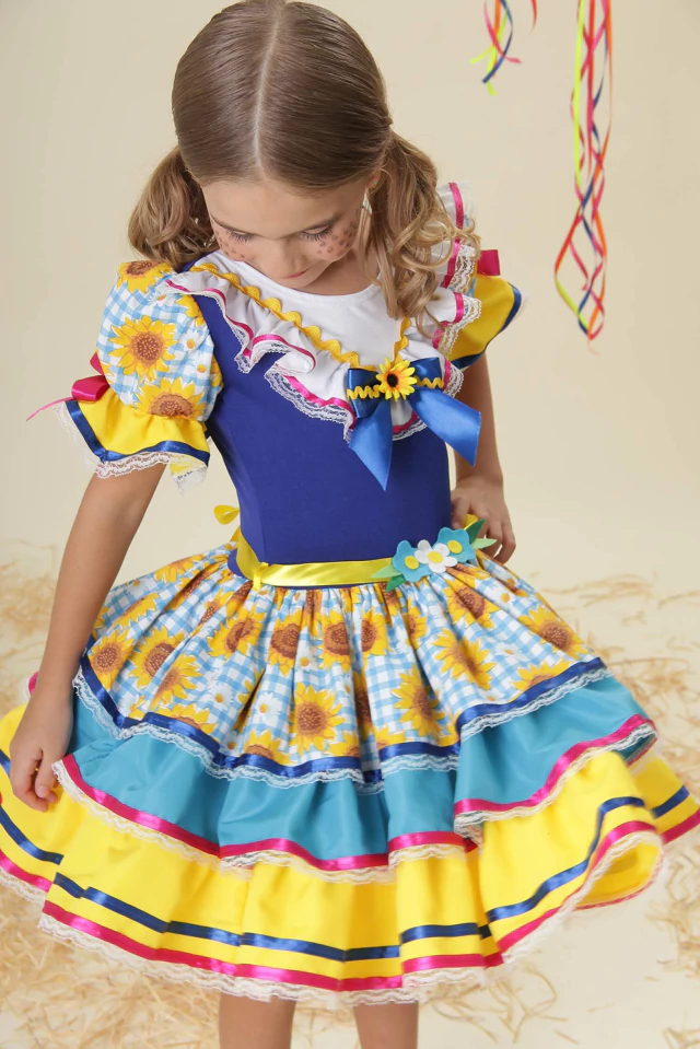 Vestido Festa Junina Infantil Luxo Três Babados Estampado Girassol -