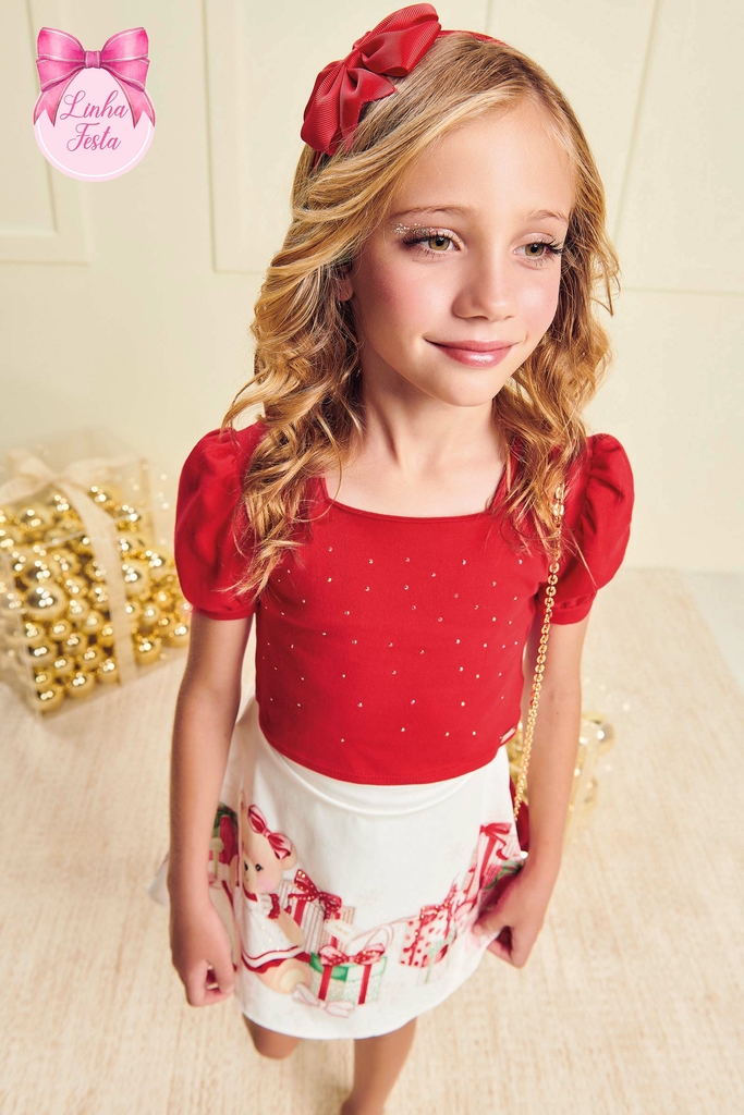 Conjunto Infantil Blusa em Cotton c Strass e Saia em Super Cetim c Sho