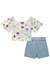 Conjunto de Blusa Cropped em Canelado Abelhinha e Shorts-saia em Jeans Liz - kukiê na internet