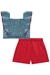 Conjunto Infantil Blusa Cropped em Jeans Liz Moranguinho em Crochê e Shorts em Air Flow Textura Festas- Kukiê na internet