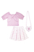 Conjunto Infantil Blusa Boxy Canelado Laço e Saia c/Shorts Embutido em Super Cetim Quadriculado c/Bolsa Barbie - Infanti