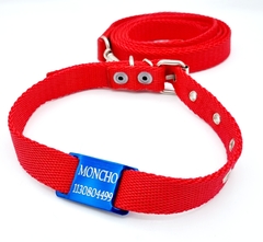 Chapita pasador para collares de 2cm de ancho azul + Collar + Correa Rojas - Medallas para Perros