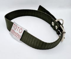 Chapita Pasador para collares de 3cm de ancho + collar VERDE MILITAR - Medallas para Perros