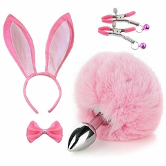 Kit Coelha Tiara de Orelhas Grampos Plug Pompom Gravata Borboleta Sexy Import