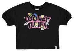 BLUSA INFANTIL MENINA MANGA FRANZIDA LOONEY TUNES® EM ALGODÃO MALWEE KIDS PRETO