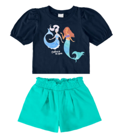 CONJUNTO INFANTIL MENINA A PEQUENA SEREIA DISNEY EM ALGODÃO MALWEE KIDS AZUL