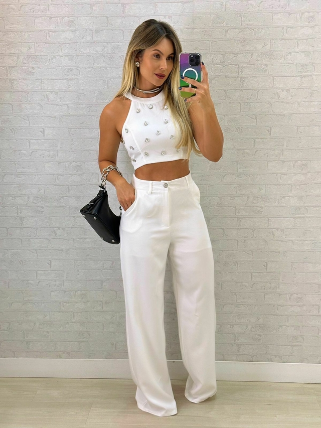 Conjunto Feminino Cropped e Calca Pedraria