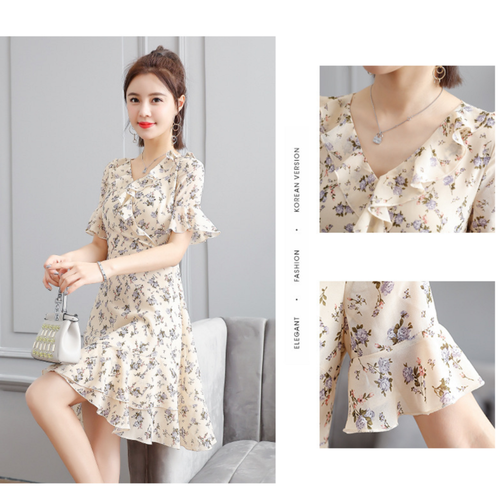 Vestido Floral Delicado Corto Escote Cruzado Arandelas