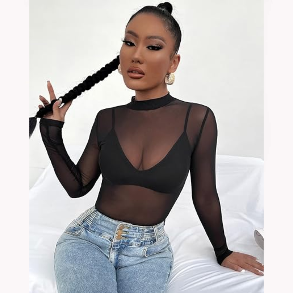 Blusa Manga Larga Negra Cuello Alto Transparente
