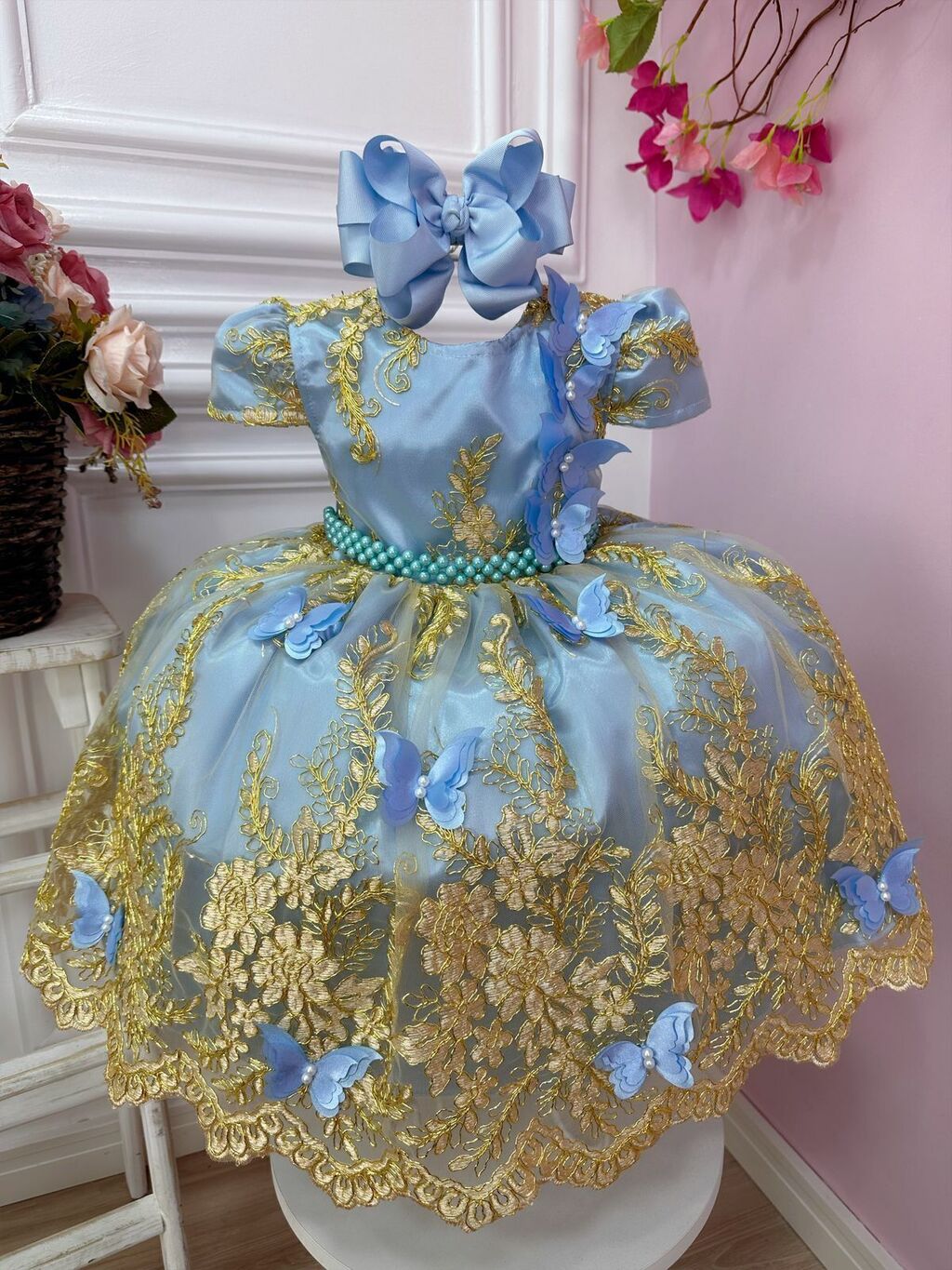 Vestido Infantil Azul C Renda Realeza Dourada Aplique Borboleta