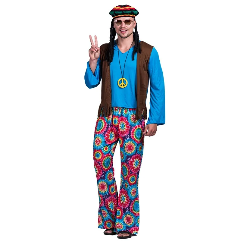 Traje de Hippie Masculina Azul Festivo Festas