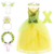 Fantasia de Princesa Tiana com acessórios, incluindo vestido amarelo, tiara, flores, e detalhes em verde.