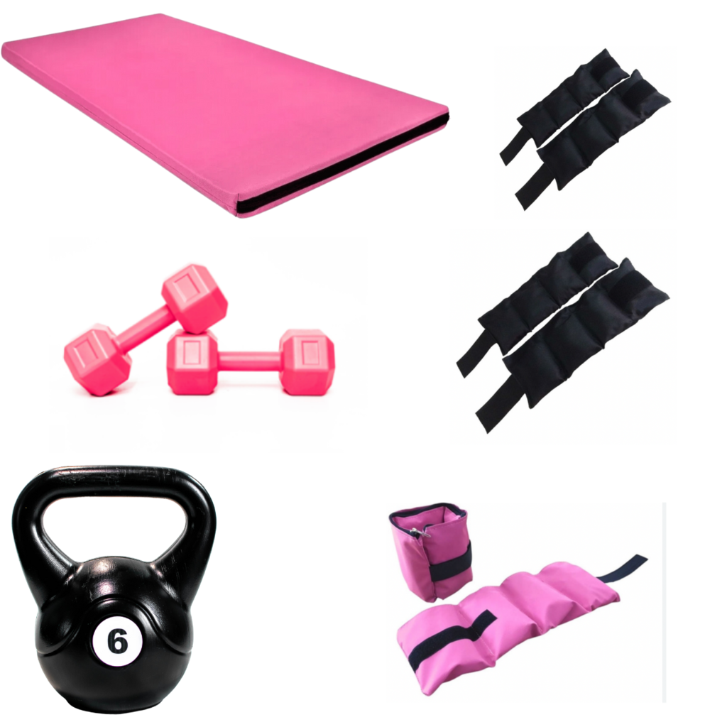 Pesas Tobilleras de 1kg Rosadas + Colchoneta para Gimnasio de 1.5 mt