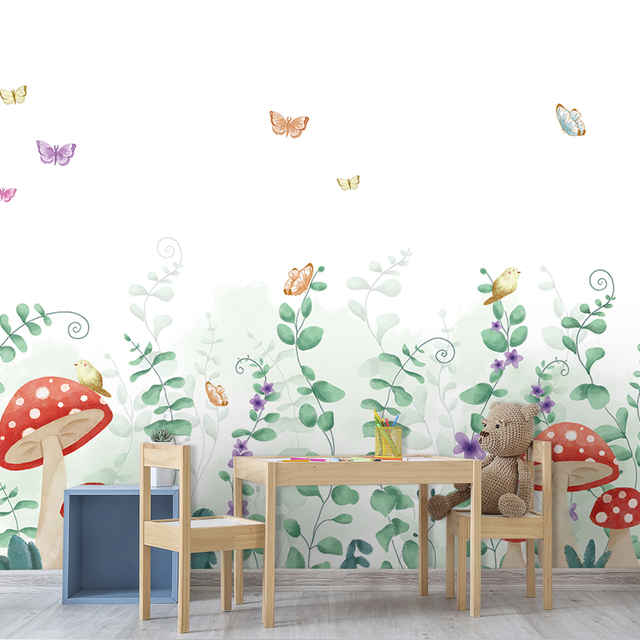 Papel de Parede Infantil Folhas e Cogumelos em Aquarela