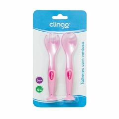 CLINGO - COLHER E GARFO DE SILICONE COM VENTOSA ROSA - Mamu Kids Store