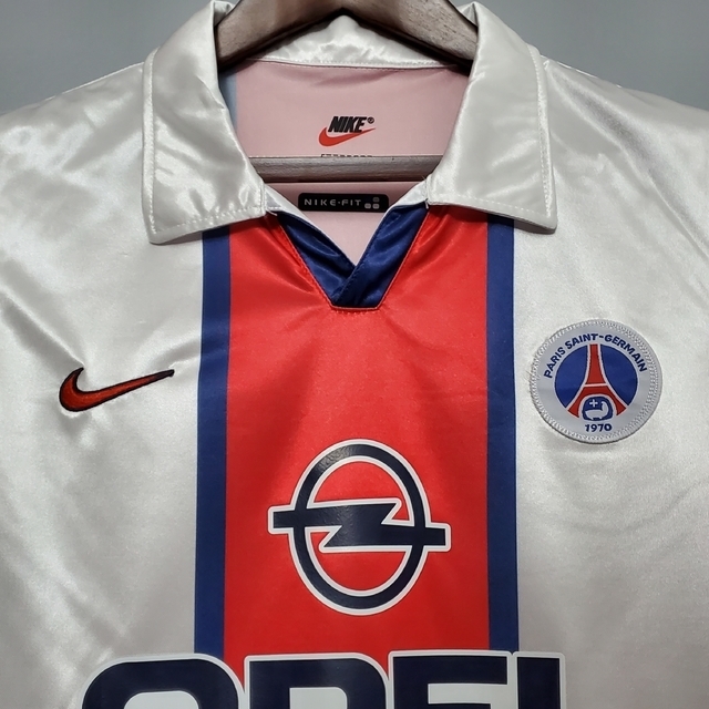 Camisa Paris Saint Germain PSG Retrô Away 98/99 Torcedor Nike Masculina -  Branco, Azul e Vermelho